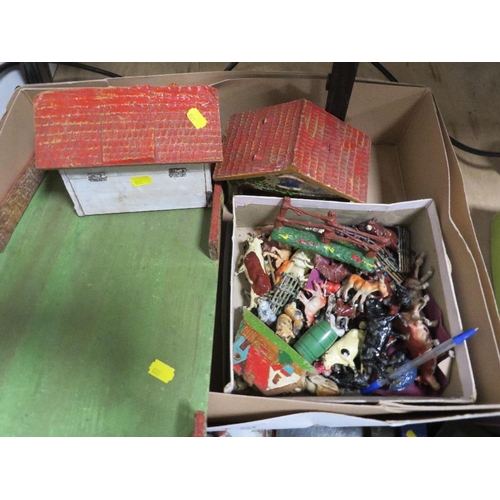 224 - A TRAY OF VINTAGE FARM ANIMAL TOYS ETC TOGETHER WITH A FARMING BOARD GAME (UNCHECKED)