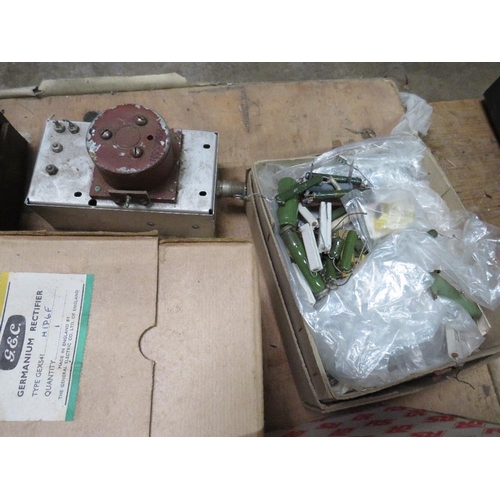 626 - TWO TRAYS CONTAINING VARIOUS ANALOGUE METERS, WIRE WOUND RESISTORS ALONG WITH A BOX OF RECTIFIERS AN... 