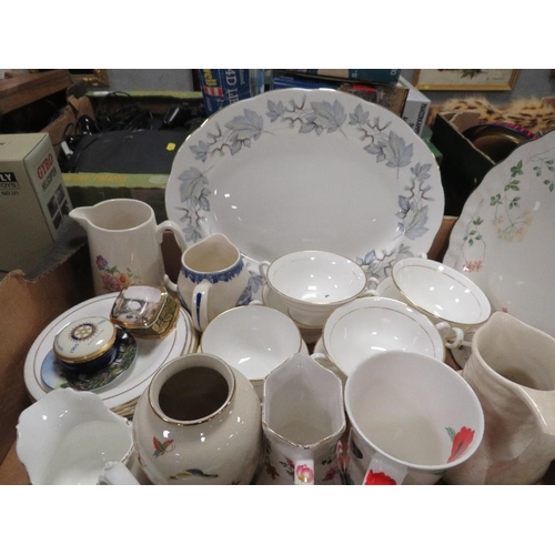 64 - TWO TRAYS OF ASSORTED CERAMICS AND CHINA TO INCLUDE, PLATTERS, TRINKET BOXES ETC