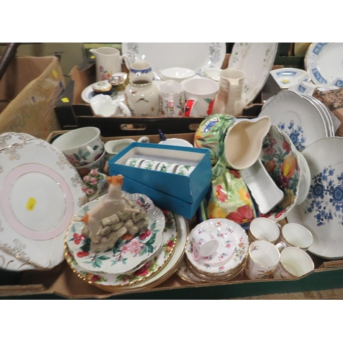 64 - TWO TRAYS OF ASSORTED CERAMICS AND CHINA TO INCLUDE, PLATTERS, TRINKET BOXES ETC