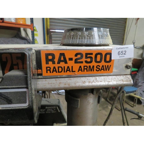 652 - A RYOBI OVERHEAD RADIAL ARM SAW AND BENCH WITH STORAGE