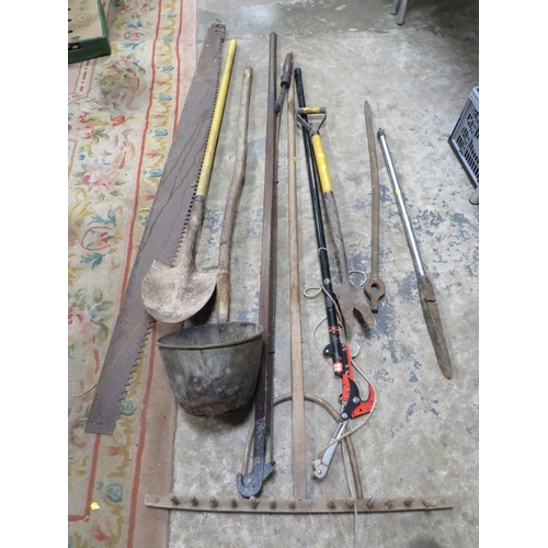 654 - A RYOBI 2 STROKE LEAF BLOWER, MANTIS HEDGE TRIMMER AND A LARGE SELECTION OF VINTAGE AND MODERN GARDE... 