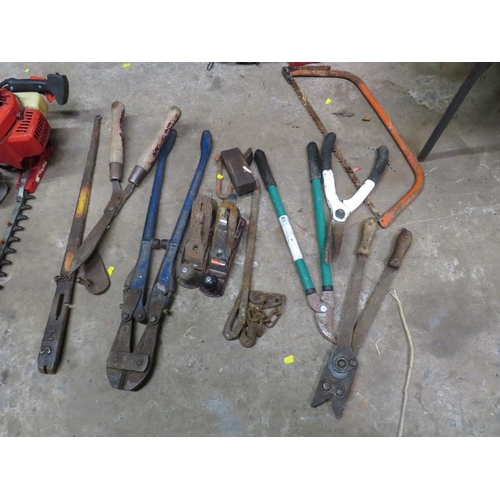 654 - A RYOBI 2 STROKE LEAF BLOWER, MANTIS HEDGE TRIMMER AND A LARGE SELECTION OF VINTAGE AND MODERN GARDE... 