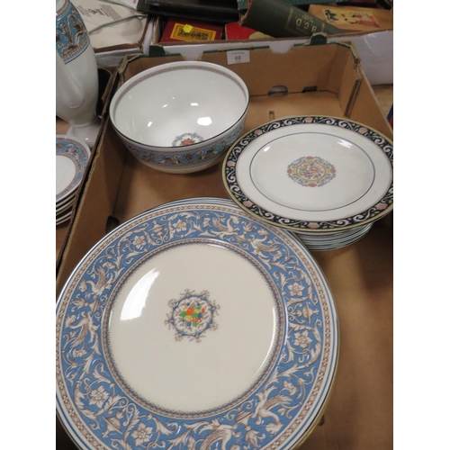 68 - THREE TRAYS OF WEDGWOOD FLORENTINE TEA/DINNER WARE TO INCLUDE A LARGE LIDDED TUREEN, COFFEE POT, FRU... 