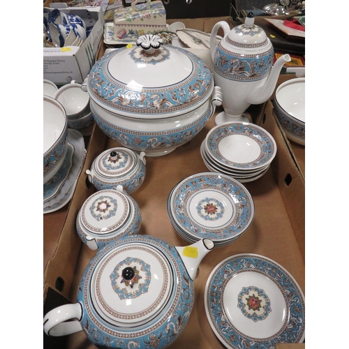 68 - THREE TRAYS OF WEDGWOOD FLORENTINE TEA/DINNER WARE TO INCLUDE A LARGE LIDDED TUREEN, COFFEE POT, FRU... 