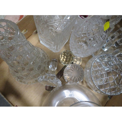 70 - A TRAY OF ASSORTED GLASS WARE TO INCLUDE DECANTERS