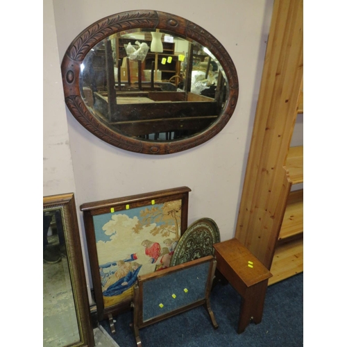 702 - AN OVAL OAK MIRROR, OAK SCREEN, MIRROR ETC