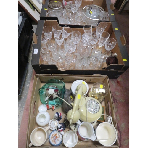 72 - TWO TRAYS OF ASSORTED GLASS WARE TO INCLUDE WINE GLASSES, BOWLS, TOGETHER WITH A TRAY OF ASSORTED CE... 