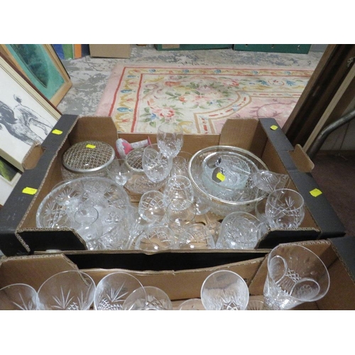 72 - TWO TRAYS OF ASSORTED GLASS WARE TO INCLUDE WINE GLASSES, BOWLS, TOGETHER WITH A TRAY OF ASSORTED CE... 