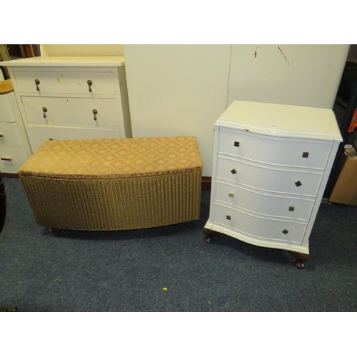 725 - A WHITE PAINTED FOUR DRAWER SERPENTINE CHEST, COFFEE TABLE AND LLOYD LOOM LINEN BOX (3)