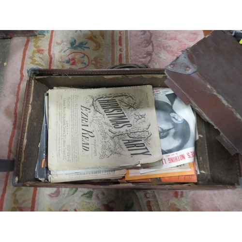 74 - A SMALL QUANTITY OF PIANO MUSIC MAGAZINES ETC CONTAINED IN A VINTAGE LEATHER SUITCASE A/F