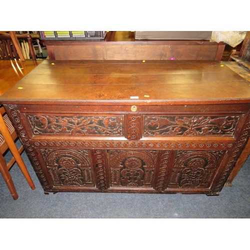 744 - AN ANTIQUE OAK CARVED COFFER - W 13 cm