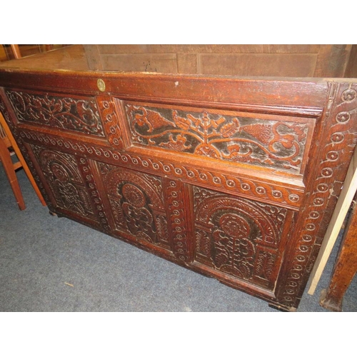 744 - AN ANTIQUE OAK CARVED COFFER - W 13 cm