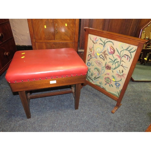 755 - A VINTAGE MAHOGANY PIANO STOOL AND AN OAK FIRESCREEN (2)