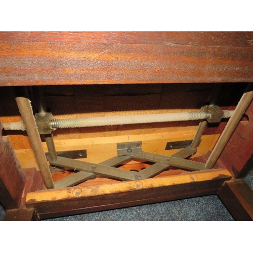 755 - A VINTAGE MAHOGANY PIANO STOOL AND AN OAK FIRESCREEN (2)