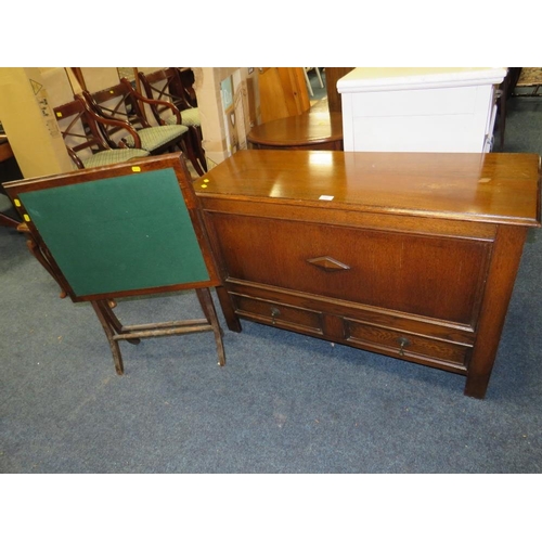 756 - A VINTAGE MAHOGANY FOLDING TABLE AND AN OAK MULE CHEST (2)