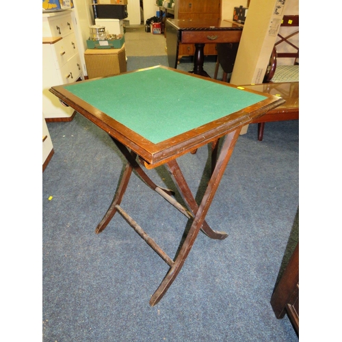 756 - A VINTAGE MAHOGANY FOLDING TABLE AND AN OAK MULE CHEST (2)