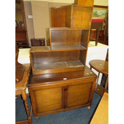 757 - AN OAK ANGULAR BOOKCASE, BLANKET BOX, BARLEYTWIST TABLE ETC (6)