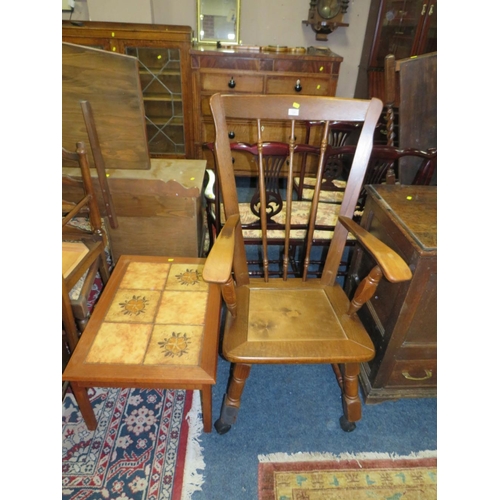 759 - AN OAK ARMCHAIR & RETRO TILE TOP TABLE (2)