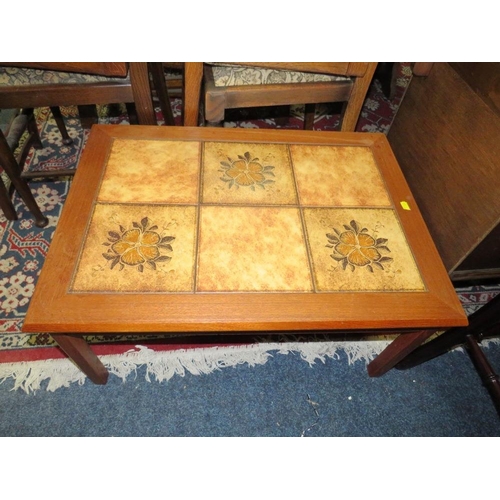 759 - AN OAK ARMCHAIR & RETRO TILE TOP TABLE (2)