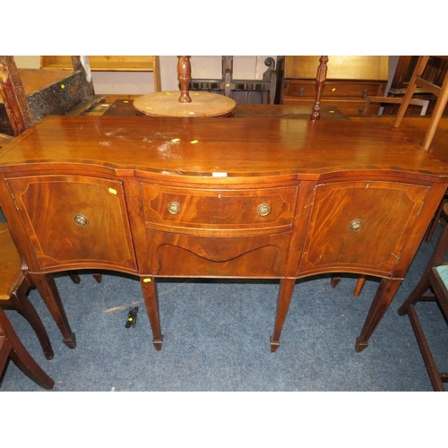 765 - A REPRODUCTION MAHOGANY SHAPED SIDEBOARD WITH A TWIN PEDESTAL TABLE AND EIGHT CHAIRS