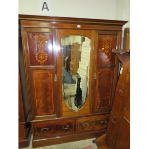 770 - AN ANTIQUE MAHOGANY INLAID TRIPLE WARDROBE WITH CENTRAL MIRROR DOOR