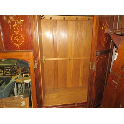 770 - AN ANTIQUE MAHOGANY INLAID TRIPLE WARDROBE WITH CENTRAL MIRROR DOOR