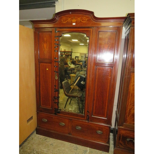 771 - AN ANTIQUE MAHOGANY INLAID WARDROBE WITH CENTRAL MIRROR DOOR