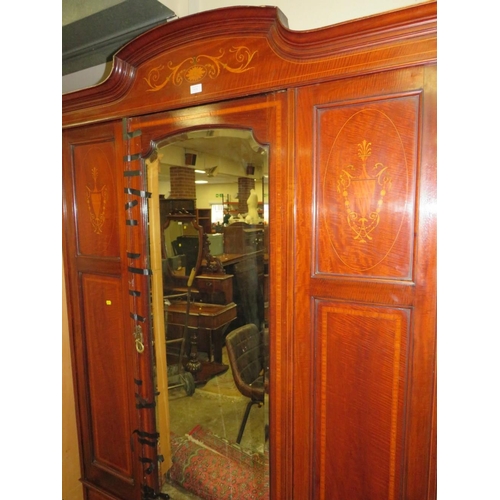 771 - AN ANTIQUE MAHOGANY INLAID WARDROBE WITH CENTRAL MIRROR DOOR