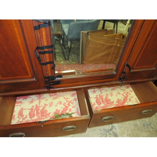 771 - AN ANTIQUE MAHOGANY INLAID WARDROBE WITH CENTRAL MIRROR DOOR