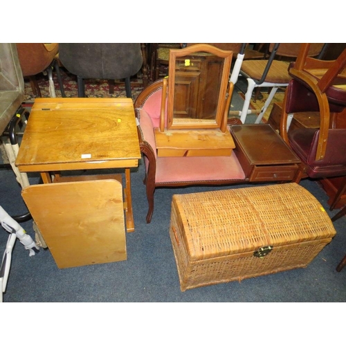 791 - A CHILDS DESK A/F, TELEPHONE SEAT, PINE MIRROR, AND WICKER CHEST