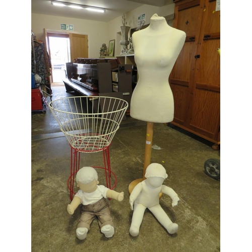 795 - A DRESSMAKERS DUMMY AND A BASKET OF TWO BABIES DUMMIES