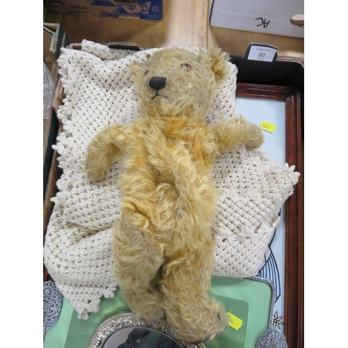 80 - A WELL LOVED TEDDY BEAR, CROCHET BLANKET, PLATED DRESSING TABLE SET, CANDLE STICKS AND TWO FRAMED PR... 