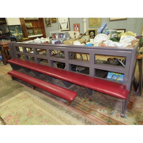 804 - A LARGE PAINTED CHURCH PEW WITH A KNEELING BAR L-360 CM