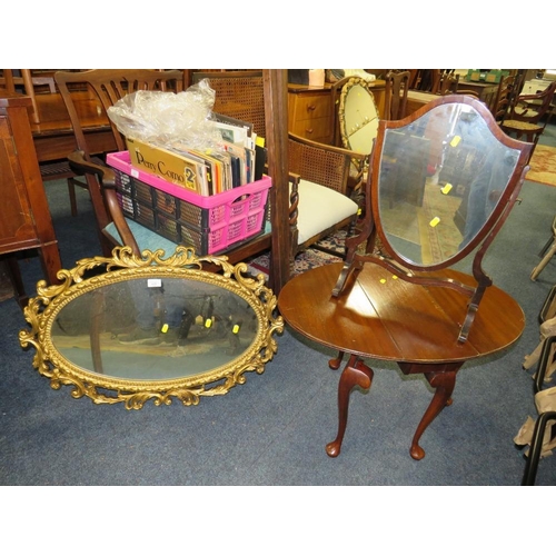 806 - A GILT OVAL MIRROR, ANTIQUE MAHOGANY MIRROR AND A SMALL TABLE (3)