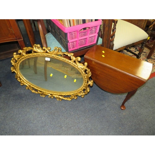 806 - A GILT OVAL MIRROR, ANTIQUE MAHOGANY MIRROR AND A SMALL TABLE (3)