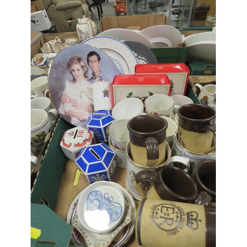 98 - THREE  TRAYS OF ROYAL MEMORABILIA TO INCLUDE BELLS, MUGS ETC