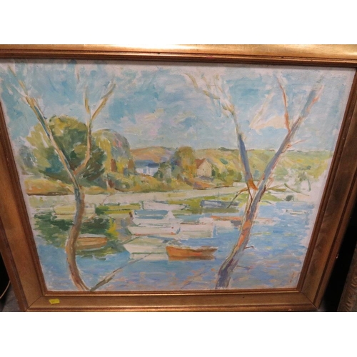 18 - A GILT FRAMED IMPRESSIONIST RIVER SCENE, 49 X 59 CM