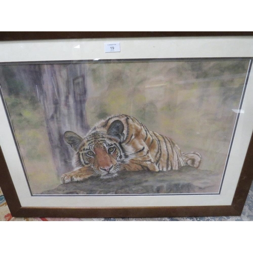 19 - A FRAMED AND GLAZED PASTEL ON VELOUR 'NEIGHBOURHOOD WATCH' BY HELEN VAN BEUREN