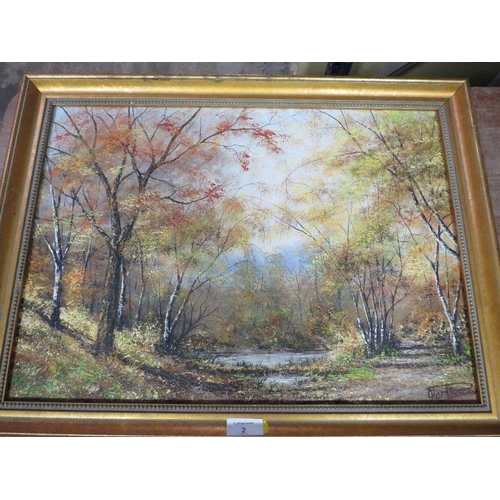 2 - A GILT FRAMED OIL ON CANVAS OF A WOODLAND SCENE SIGNED LOWER LEFT 'ALAN PREECE', 37 X 52 CM