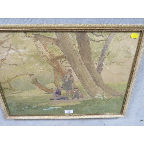 22 - B.J. FLETCHER - A WATERCOLOUR DEPICTING THREE CHILDREN IN THE WOODS