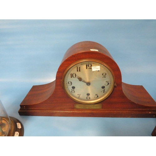 239 - THREE CLOCKS CONSISTING OF AN OAK CASED MANTLE CLOCK ANOTHER ONE WITH LNER RAILWAY PRESENTATION PLAQ... 