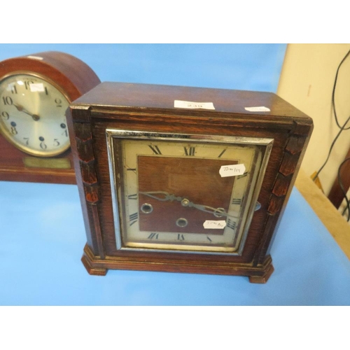 239 - THREE CLOCKS CONSISTING OF AN OAK CASED MANTLE CLOCK ANOTHER ONE WITH LNER RAILWAY PRESENTATION PLAQ... 