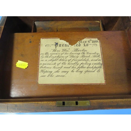 243 - AN ANTIQUE INLAID WRITING SLOPE DATED 6TH MAY 1889