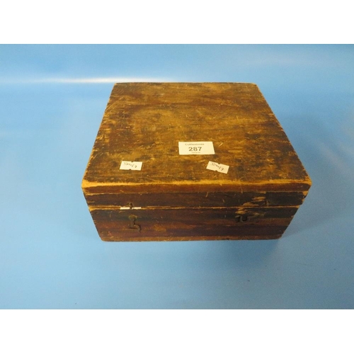 287 - AN OLD WOODEN BOX CONTAINING ROSEMARY BEADS