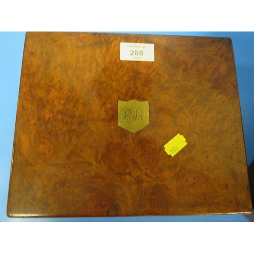 288 - A BRASS BOUND WALNUT STYLE BOX TOGETHER WITH A SMALL WRITING SLOPE (2)