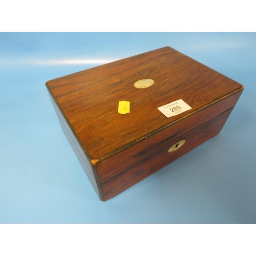 289 - A VICTORIAN WORKBOX CONTAINING COLLECTABLE'S TO INCLUDE A SPALDING WHISTLE