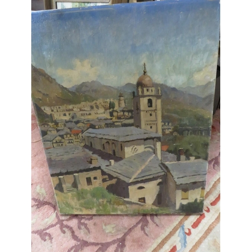 29 - A MID 20TH CENTURY OIL ON CANVAS OF A CONTINENTAL TOWN SCENE