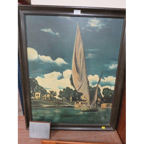 3 - A VINTAGE OIL ON CANVAS EASTERN RIVER SCENE WITH BOATS AND BUILDINGS PRESENTED TO LT COLONEL P.R. TH... 