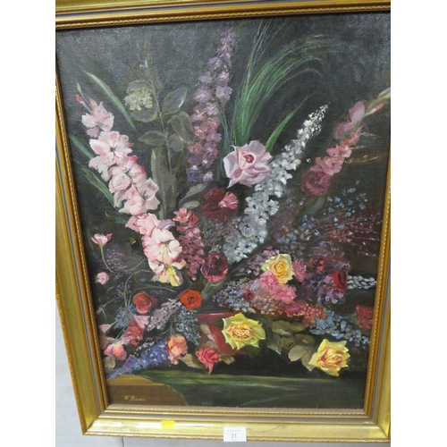 31 - W. BARRIE - AN OIL ON BOARD DEPICTING FLORAL STILL LIFE 60 X 44 CM